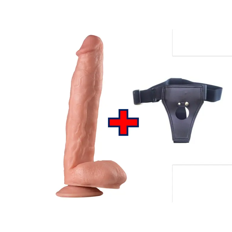 XXLarge – 30 Cm. – Ultra Realistik Büyük Kalın Vantuzlu Damarlı Testisli – Belden Bağlamalı Kemerli Vibratör (Ten Rengi)